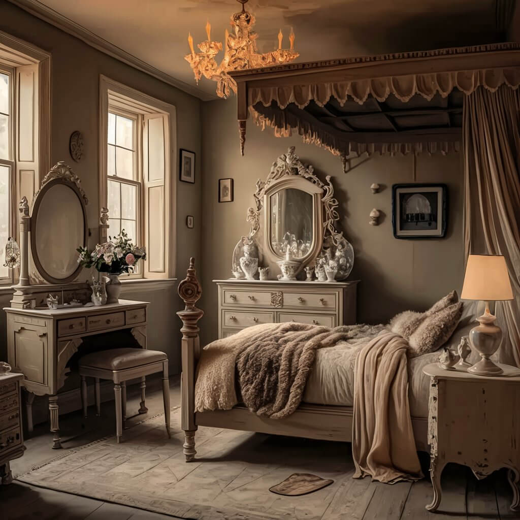 Charming vintage bedroom decor inspiration featuring elegant antique furniture pieces, including a beautifully carved wooden dresser, ornate mirror, and vintage bedside tables. This timeless setup exudes classic style with its rich, warm tones and intricate detailing, perfect for adding a nostalgic, antique touch to any bedroom design.