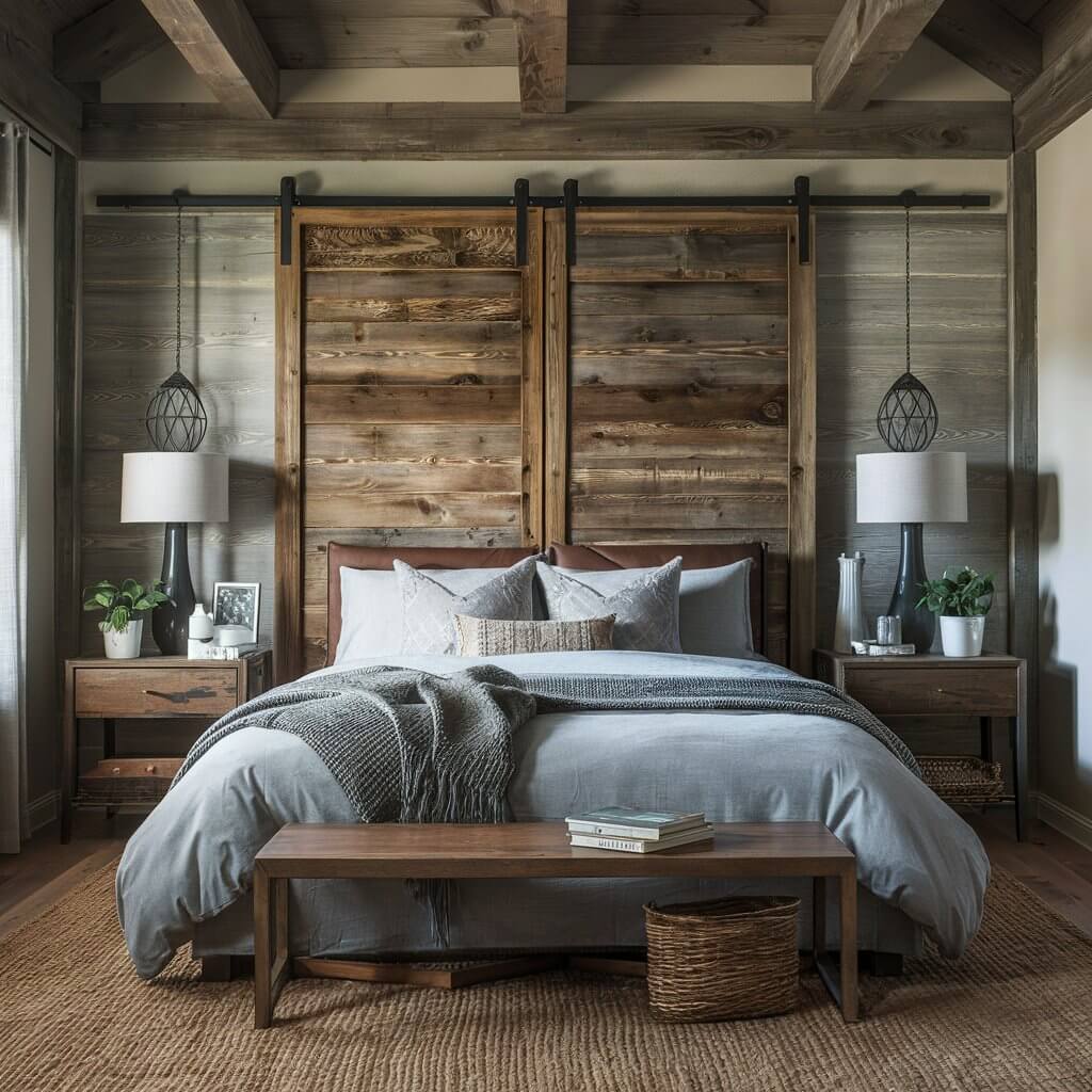 Cozy rustic bedroom featuring a stunning barn door headboard, adding a farmhouse charm to the space. The wooden barn door headboard blends seamlessly with the rustic bedroom furniture, including distressed wooden nightstands and a vintage-style dresser. Perfect for creating a warm, inviting atmosphere, this barn door headboard is a must-have for rustic bedroom decor enthusiasts looking to incorporate farmhouse-inspired furniture ideas.