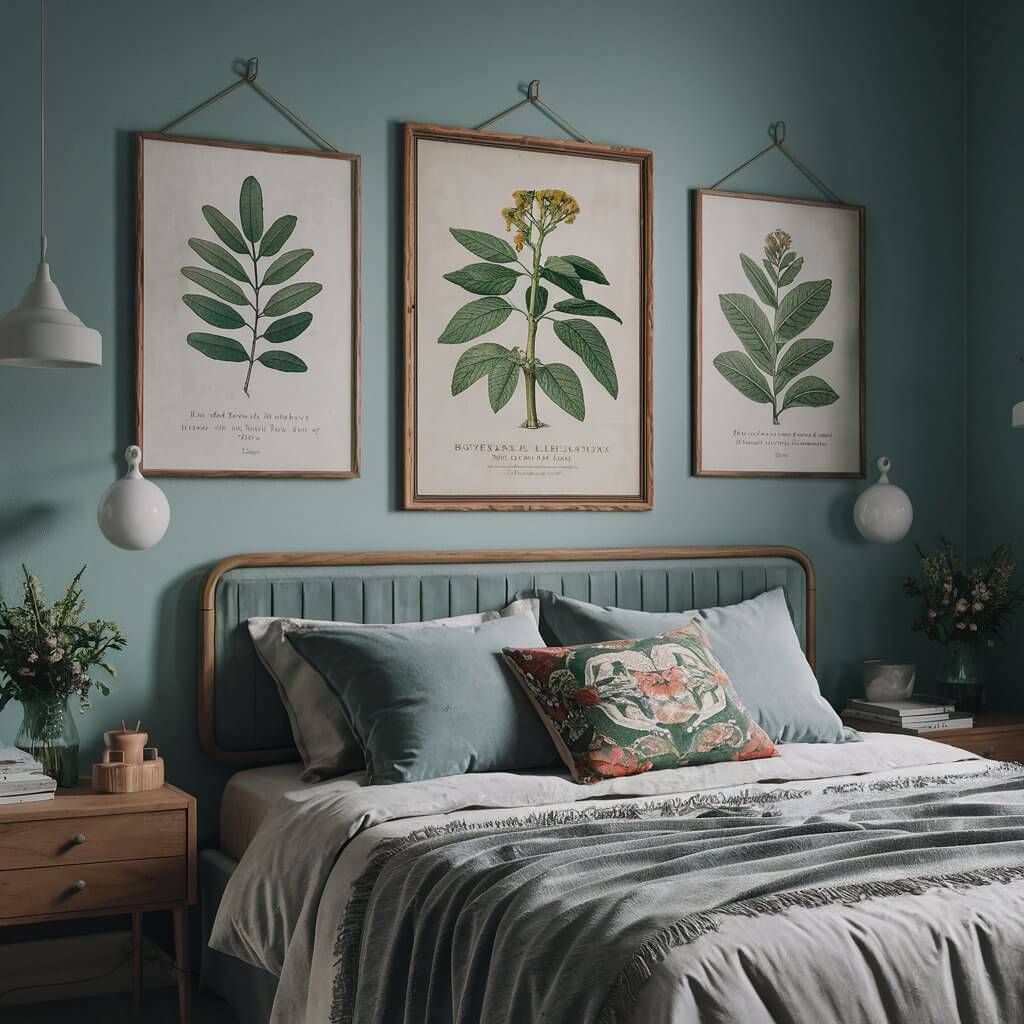 Vintage bedroom decor inspiration showcasing a beautifully styled room with botanical prints. The image highlights elegant floral artwork on the walls, complementing antique furniture and soft, muted color palettes. The vintage aesthetic is enhanced by lush green plants and cozy textiles, creating a serene and inviting atmosphere perfect for a nostalgic bedroom retreat.