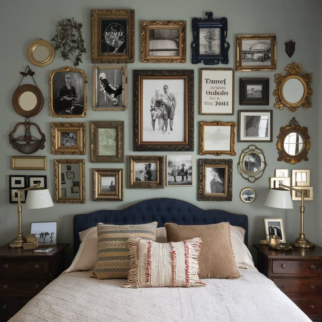 Curated gallery wall featuring an eclectic mix of vintage artwork, antique frames, and nostalgic decor elements, showcasing stylish vintage bedroom decor inspirations. This charming arrangement adds character and warmth to the space, highlighting a timeless aesthetic that perfectly complements vintage-themed interiors.