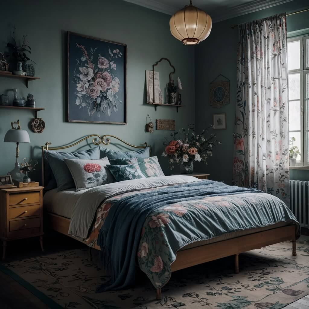 Beautiful vintage bedroom decor inspirations featuring elegant floral patterns on bedding, curtains, and wall art, creating a charming and cozy atmosphere. Explore the timeless appeal of vintage floral designs that enhance your bedroom's aesthetic with soft color palettes and intricate detailing.