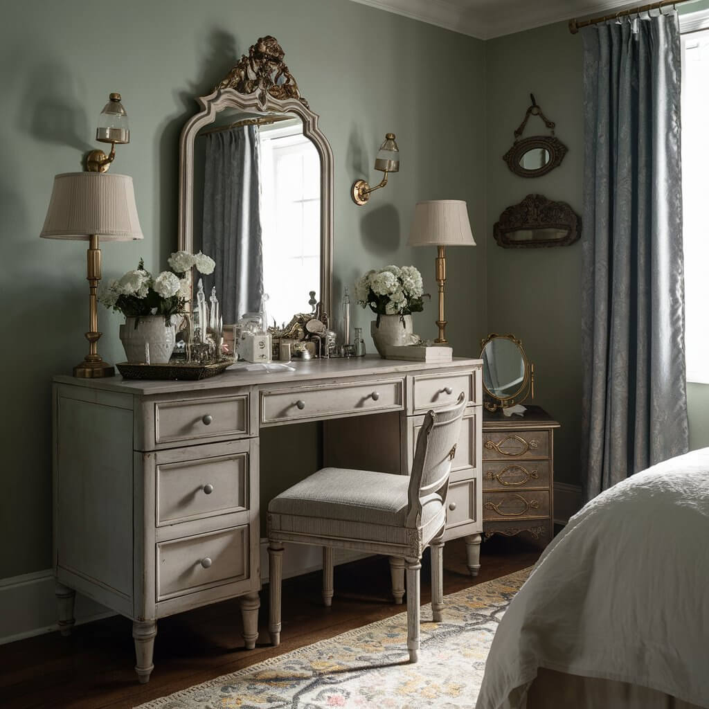 Beautiful vintage bedroom decor inspiration featuring a charming antique vanity with an ornate mirror and distressed wood finish. This classic piece adds timeless elegance and functionality to the room, perfect for creating a cozy and nostalgic atmosphere. Ideal for those looking to incorporate a vanity into their vintage bedroom design for a touch of vintage charm and personalized style