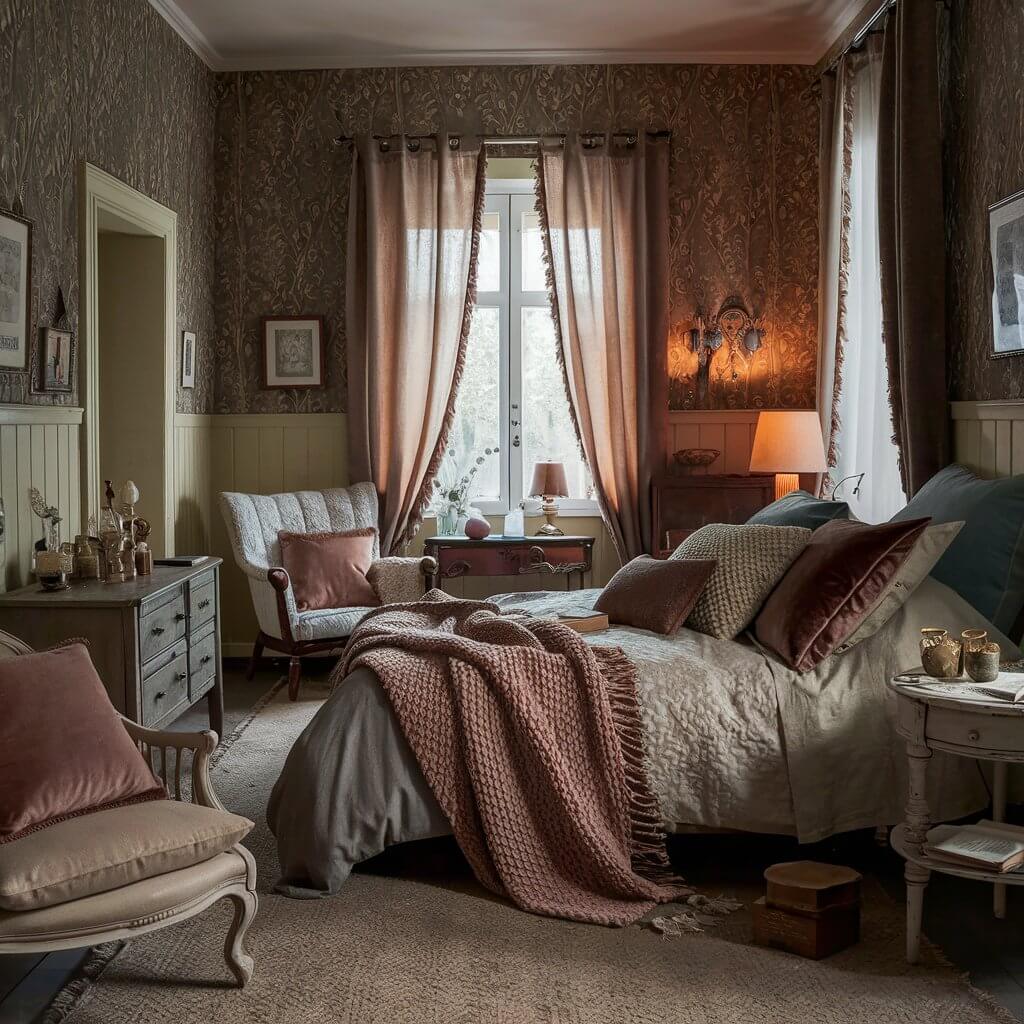Cozy vintage bedroom decor inspiration featuring layered textures. A mix of plush velvet pillows, a distressed wooden headboard, and a patterned quilt bring warmth and charm to the space. The vintage-inspired decor combines soft fabrics and rich textures, creating a nostalgic yet inviting atmosphere. Perfect for adding timeless style to any bedroom.