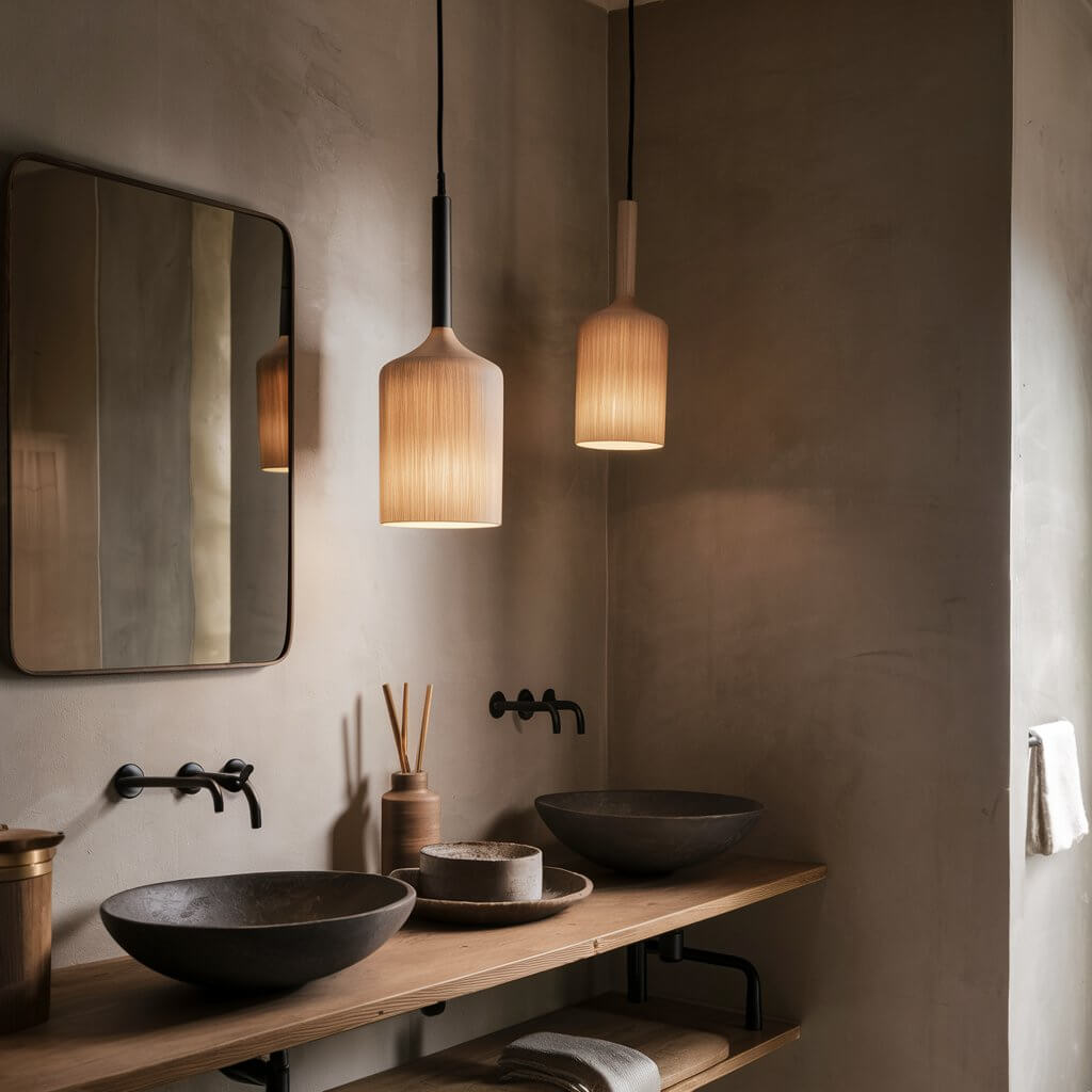 A beautifully designed organic modern bathroom featuring minimalist lighting fixtures that enhance the serene atmosphere. The sleek, unobtrusive design of the lighting complements natural materials such as wood and stone, creating a harmonious blend of style and functionality. The bathroom accessories include eco-friendly elements, showcasing a commitment to sustainability while maintaining a sophisticated aesthetic. Perfect for those seeking inspiration for organic modern bathroom decor.