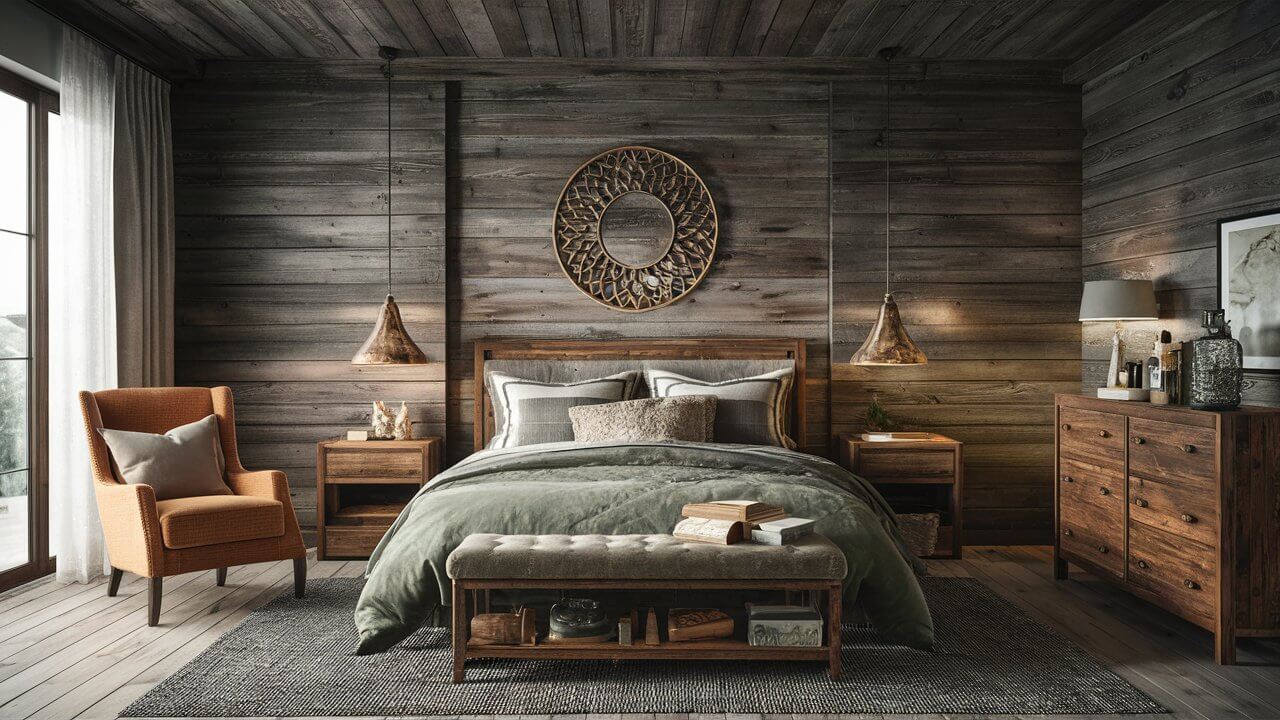 Rustic Bedroom Furniture Ideas showcasing a cozy, inviting bedroom with a beautifully crafted wooden bed frame, distressed nightstands, and a vintage-style dresser. The warm color palette features earthy tones, accentuated by soft textiles like plaid and linen, creating a serene and rustic atmosphere perfect for any farmhouse-style home.