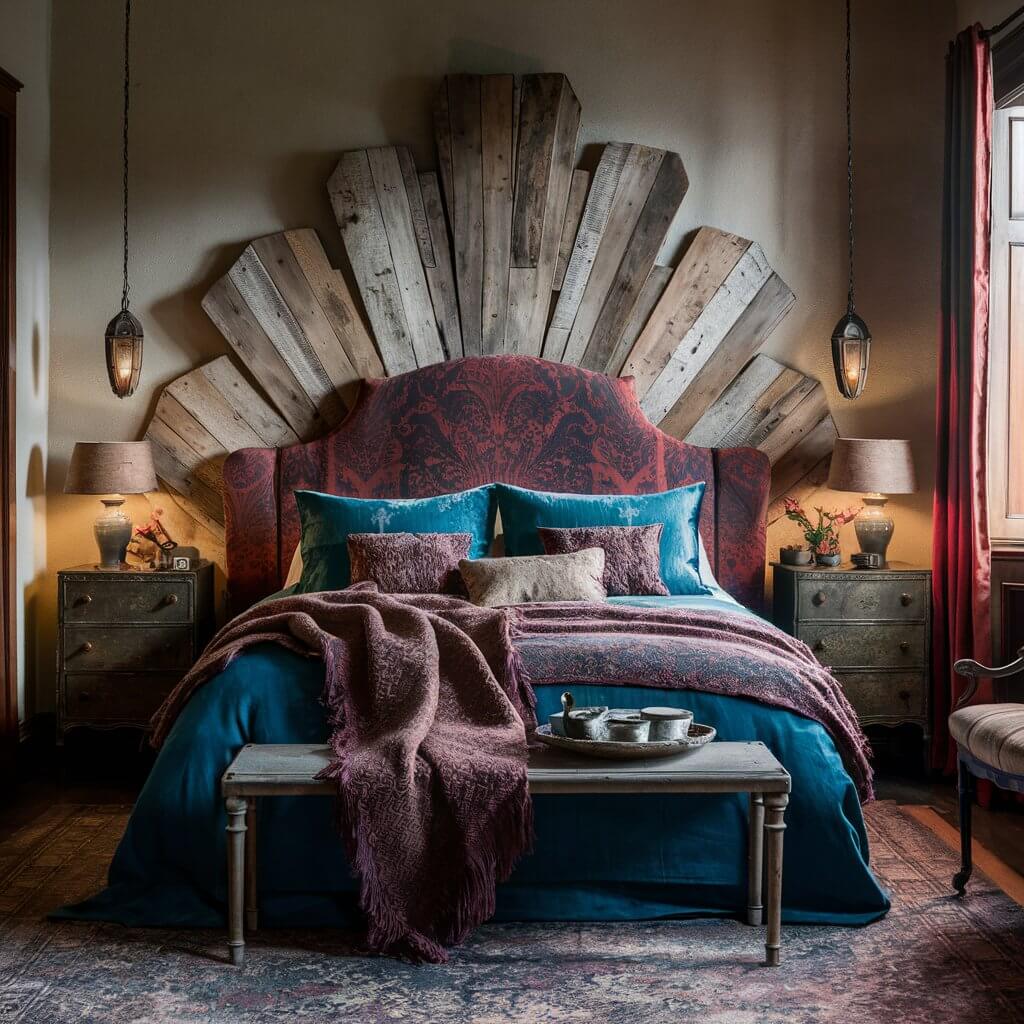 Elegant vintage bedroom decor inspiration showcasing a stunning statement headboard crafted from reclaimed wood, adorned with intricate carvings. This unique focal point enhances the room's charm, complementing soft pastel bedding and antique bedside tables, embodying a cozy, nostalgic atmosphere perfect for vintage style lovers.