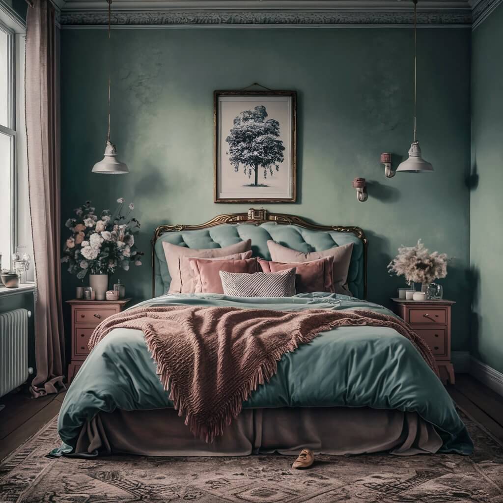 Vintage bedroom decor inspiration showcasing the use of muted color palettes, featuring soft pastels and earthy tones that create a cozy, nostalgic atmosphere. The room highlights vintage furnishings, such as an antique wooden bed frame, delicate lace curtains, and retro accessories, blending timeless elegance with modern comfort.