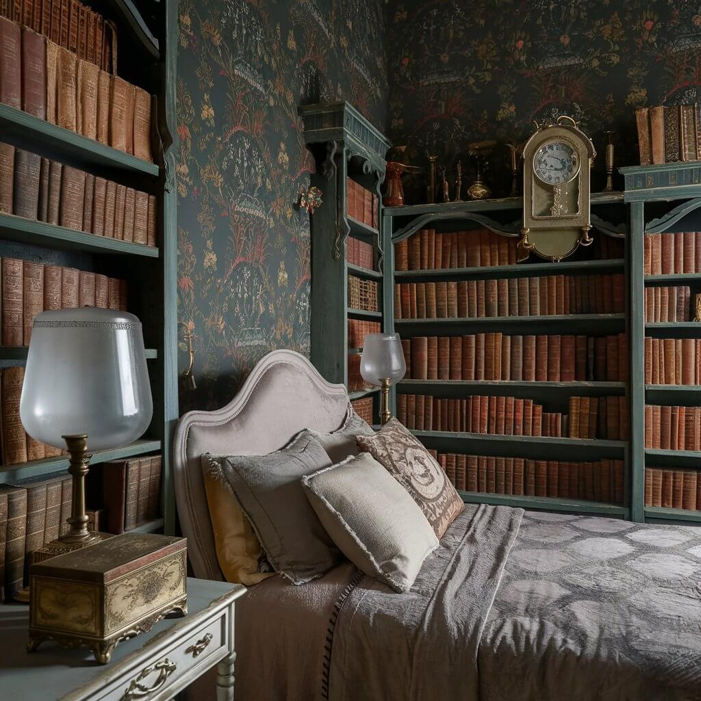 Cozy vintage bedroom decorated with charming vintage accessories, including an ornate wooden dresser, antique mirror, and brass table lamp. The room features soft, floral bedding and a distressed rug, creating a nostalgic and timeless atmosphere. Perfect inspiration for vintage bedroom decor ideas, blending classic charm with elegant vintage accessories for a stylish and cozy retreat.