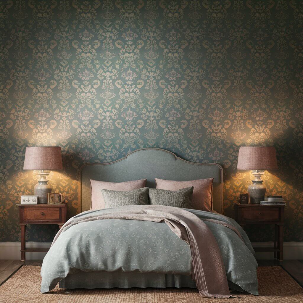 Charming vintage-inspired bedroom decor featuring floral wallpaper in soft pastel tones. The vintage-inspired wallpaper adds a nostalgic touch to the room, creating a cozy and timeless ambiance. Accentuated with antique furnishings and classic accessories, this vintage bedroom design brings elegant charm and personality to any space. Perfect for those seeking vintage bedroom decor inspirations with a focus on classic wallpaper styles.