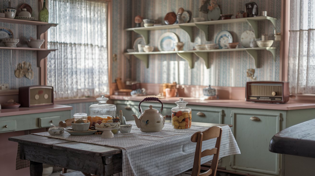 Charming vintage kitchen featuring retro cabinetry, classic checkerboard flooring, and nostalgic decor elements. This inviting space showcases a blend of pastel colors, vintage appliances, and timeless design, inspiring a cozy and stylish cooking environment.