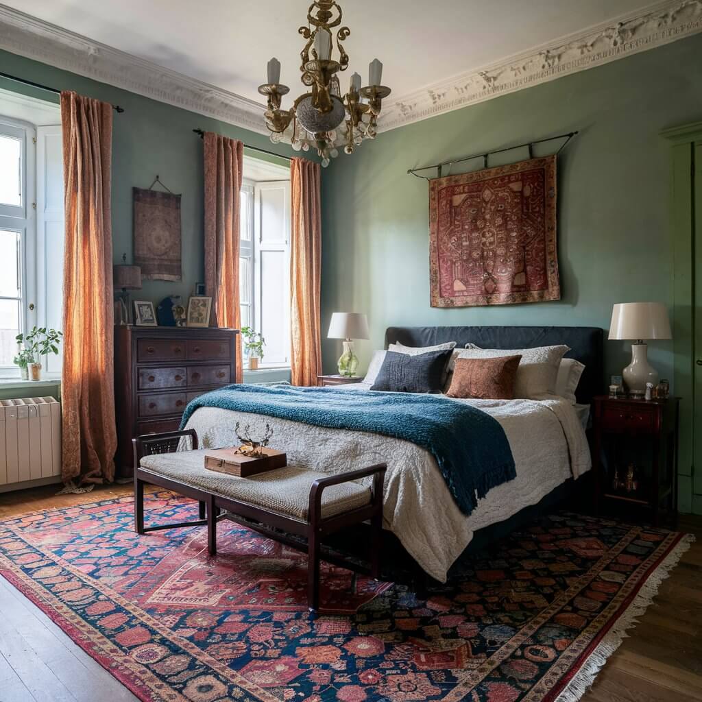 Cozy vintage bedroom decor inspiration showcasing a beautifully patterned vintage rug that enhances the charm of the space. The warm tones and intricate designs of the rug complement the classic furnishings and soft textiles, creating an inviting atmosphere. Ideal for those looking to infuse their bedroom with timeless elegance and a nostalgic touch through vintage decor elements.