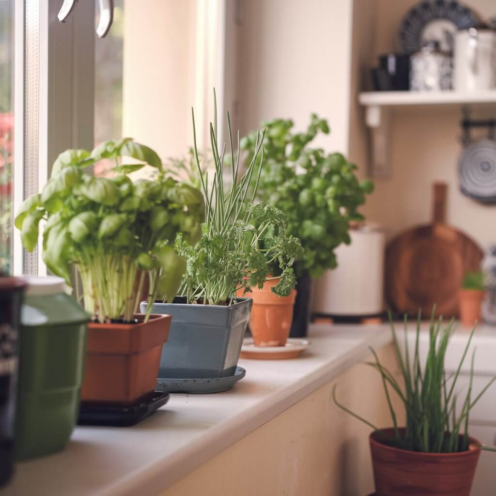Windowsill herb garden with fresh green herbs thriving in small pots, perfect for small patio herb garden ideas. Featuring basil, thyme, and rosemary, this space-saving garden setup adds a touch of greenery to any windowsill. Ideal for urban gardeners looking to grow fresh herbs in limited spaces, this charming arrangement enhances both kitchen decor and functionality with easy access to homegrown ingredients.