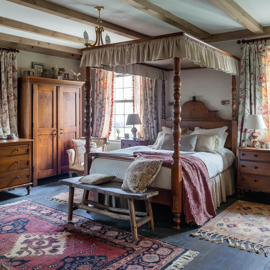 Cozy vintage bedroom decor featuring wooden accents, including a rustic wooden bed frame and matching nightstands. This timeless design blends warm wood tones with classic vintage elements, creating a nostalgic and inviting atmosphere. Perfect for those seeking vintage bedroom inspirations with a focus on natural textures and antique charm.