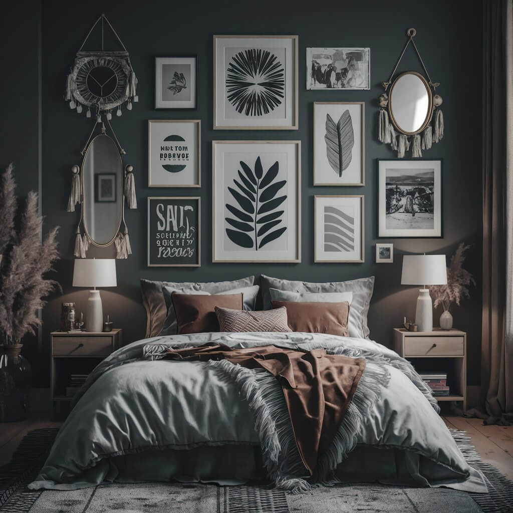 Dark boho bedroom ideas featuring an artistic gallery wall with unique, eclectic framed artwork. The space combines deep, moody colors with vintage and bohemian elements, creating a cozy and creative ambiance. The gallery wall adds a personal touch, with a mix of abstract, nature-inspired, and vintage prints that enhance the room's artistic and boho-chic vibe. Perfect for those seeking a stylish, artistic bedroom with dark, rich tones and a bohemian flair.