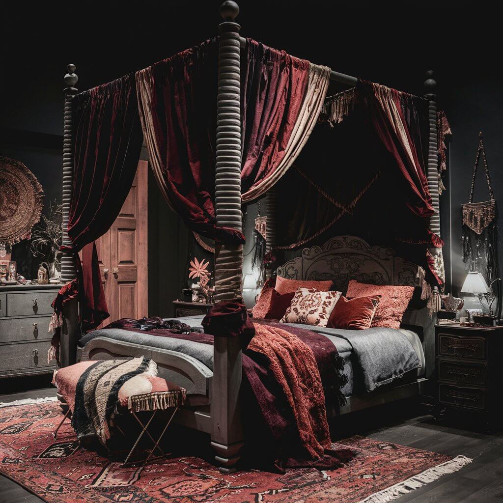 Cozy dark boho bedroom ideas featuring a luxurious canopy bed with draped fabrics, creating a moody, inviting atmosphere. The rich textures and deep tones of the fabric enhance the bohemian aesthetic, blending comfort and style in a sophisticated, eclectic space. Perfect for those seeking a dreamy, tranquil retreat with a touch of boho charm