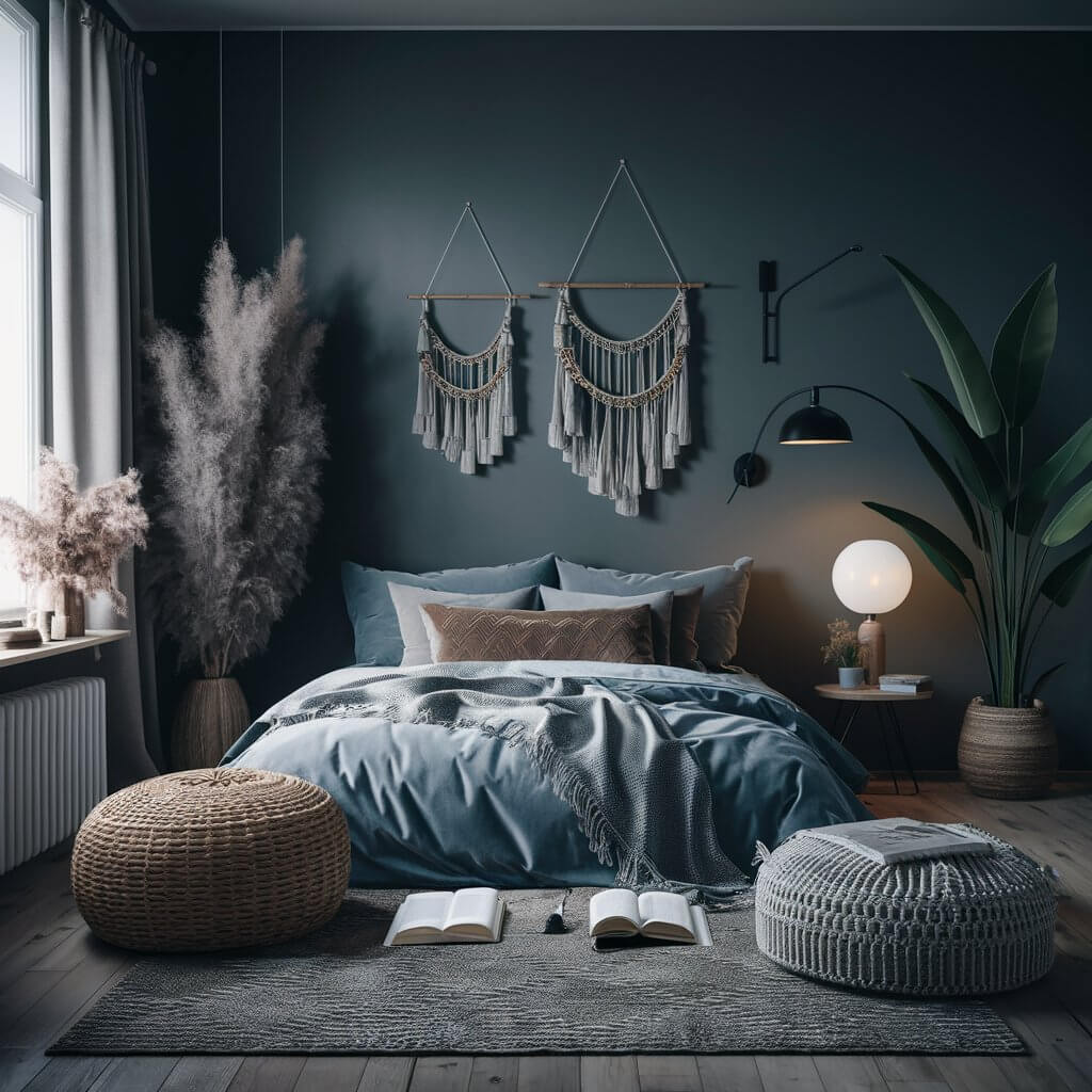 Cozy nook in a dark boho bedroom with rich, earthy tones, plush cushions, textured throws, and ambient lighting, creating a perfect relaxing space. This stylish boho corner features dark walls, vintage-inspired decor, and layered textiles for a cozy, intimate vibe in a modern bohemian bedroom design.