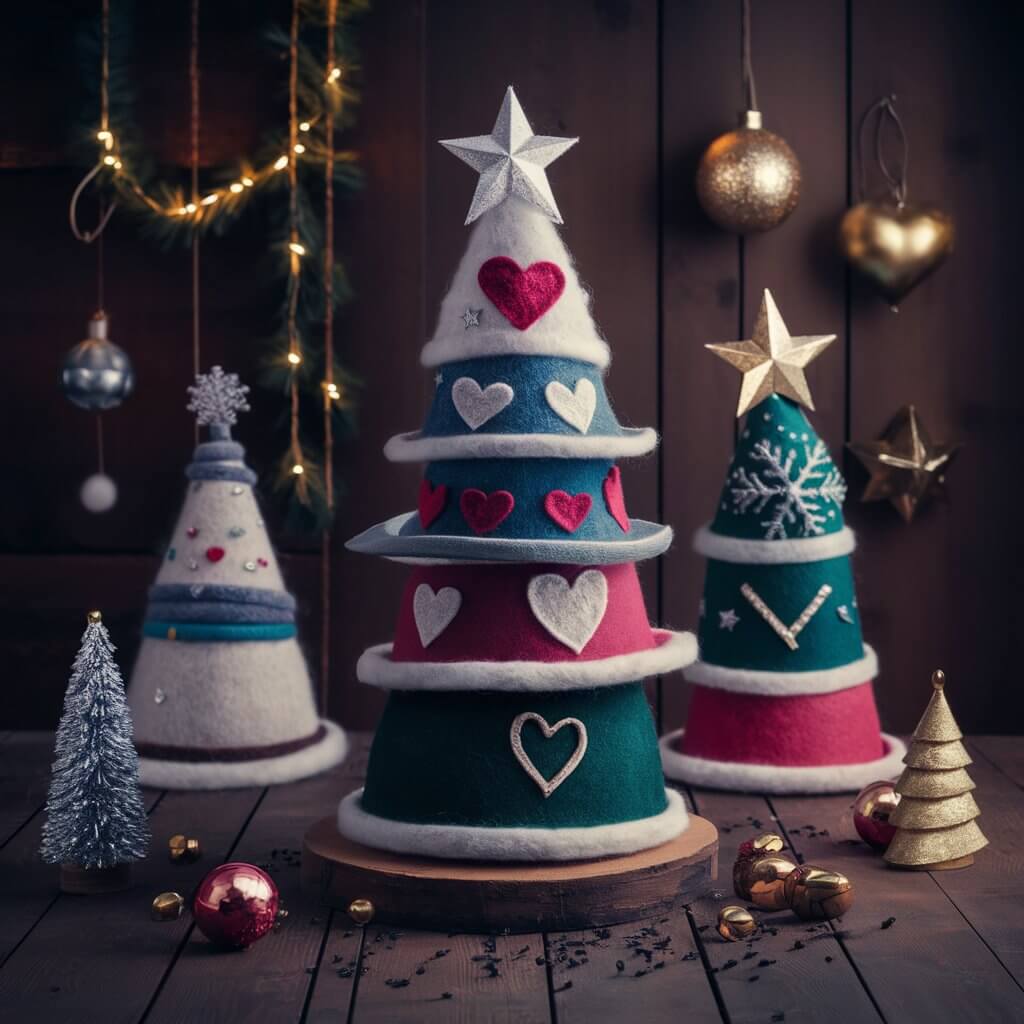 DIY Felt Hat Trees as a creative Christmas hat tree idea, showcasing handcrafted felt hats arranged in a festive tree design. Perfect for holiday decor inspiration, these unique decorations bring a cozy and playful touch to your Christmas celebrations.