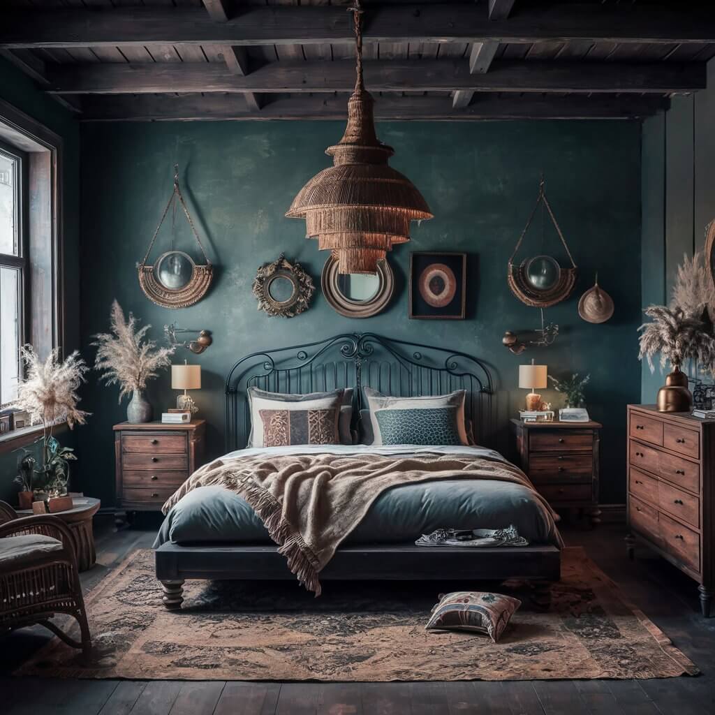 Dark boho bedroom ideas featuring an eclectic furniture mix with vintage-inspired pieces, moody color tones, layered textiles, and bohemian decor elements. This stylish space blends rich wood furniture, plush seating, unique lighting, and global accents to create a cozy, artistic ambiance perfect for a boho-inspired bedroom retreat.