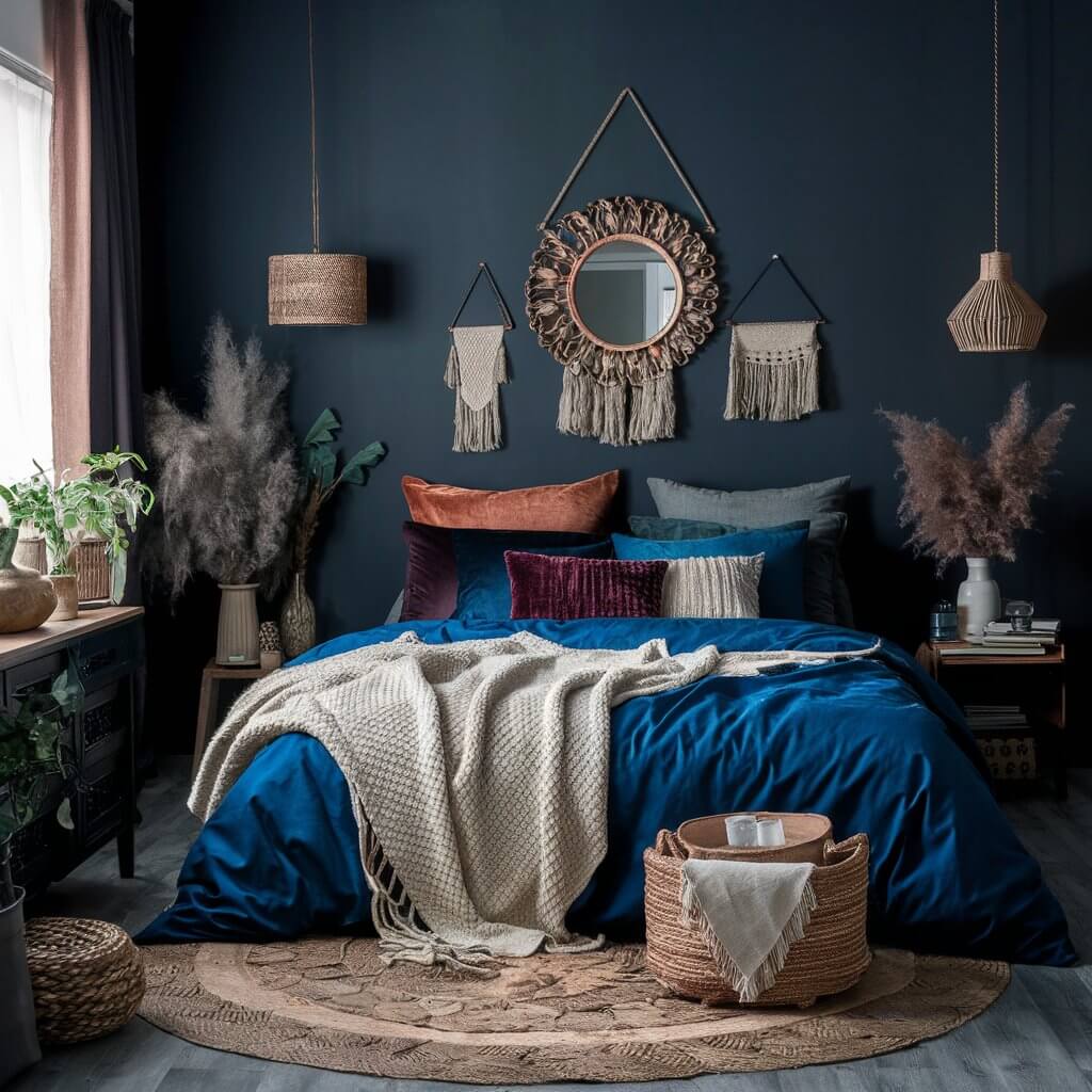 Dark boho bedroom ideas featuring layered textiles and textures, creating a cozy, eclectic atmosphere with rich fabrics like velvet, linen, and woven rugs. The room showcases a mix of dark hues, such as deep blues, earthy browns, and soft blacks, combined with tactile elements like throws, pillows, and curtains. The unique textures and layers add depth and warmth, offering a stylish and inviting bohemian retreat perfect for relaxation and creativity.