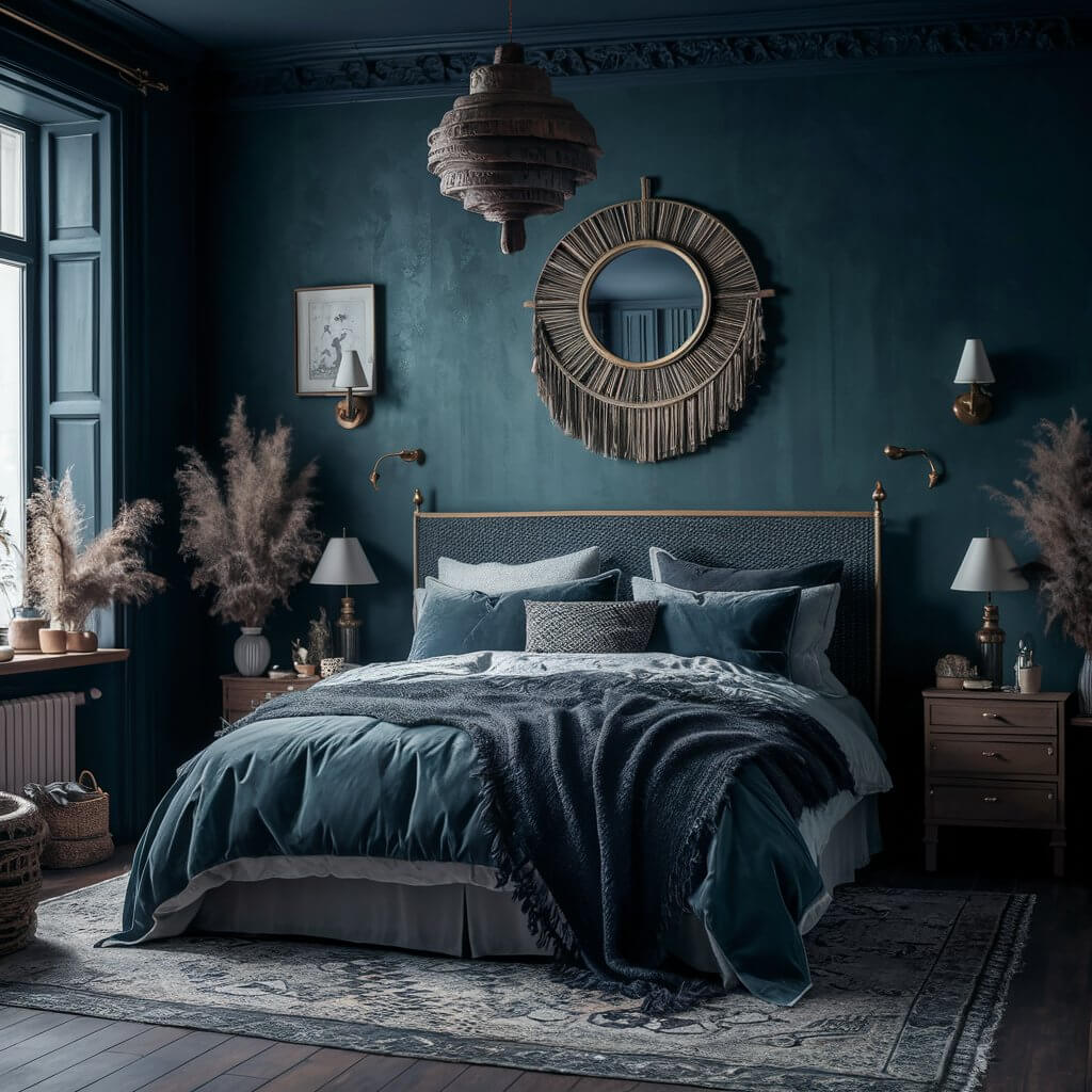 Dark boho bedroom with moody wall colors creating a cozy and intimate atmosphere. The rich, deep hues of the walls, paired with bohemian decor elements like vintage rugs, textured throw pillows, and layered lighting, enhance the room's moodiness. This design features a blend of dark tones and warm, eclectic accents, perfect for a moody, boho-inspired bedroom retreat.