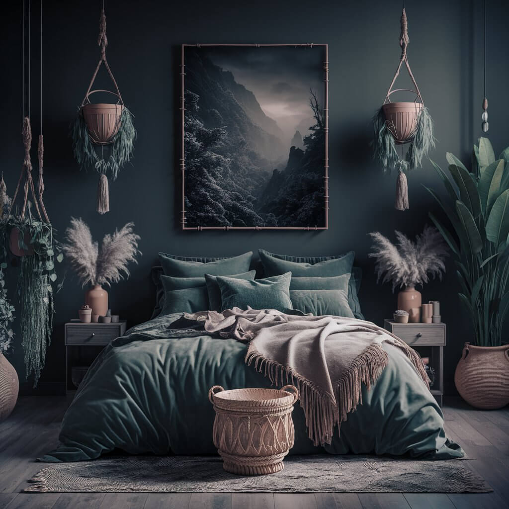 Dark boho bedroom ideas featuring nature-inspired decor with earthy tones, lush green plants, wooden furniture, and cozy textured accents. This aesthetic combines deep, moody colors like charcoal and rich browns with organic, natural elements for a calming, rustic vibe. Perfect for creating a peaceful, nature-infused retreat in your home.