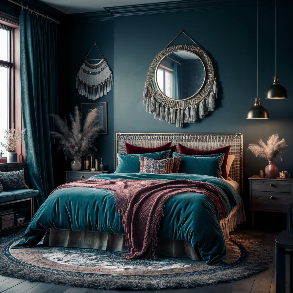 Dark boho bedroom ideas featuring rich jewel tones like deep emerald green, sapphire blue, and ruby red. This moody and eclectic bedroom design blends luxurious textiles, layered patterns, and vintage-inspired decor to create a cozy and inviting space. Perfect for those looking to incorporate dark tones and vibrant jewel hues into their bohemian bedroom aesthetic for a sophisticated yet relaxed vibe.