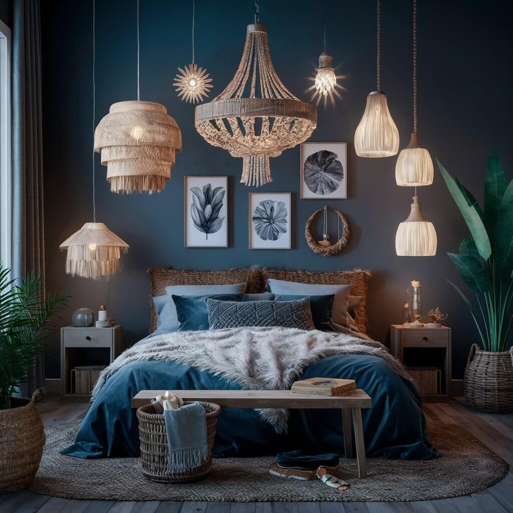 Dark boho bedroom ideas featuring statement lighting fixtures that add a touch of elegance and personality. This cozy, stylish bedroom showcases rich, warm tones with unique, eclectic lighting pieces, creating a captivating atmosphere. The perfect blend of bohemian style and modern design, the statement lighting fixtures highlight the room's dark color palette, offering a perfect ambiance for relaxation and creativity.