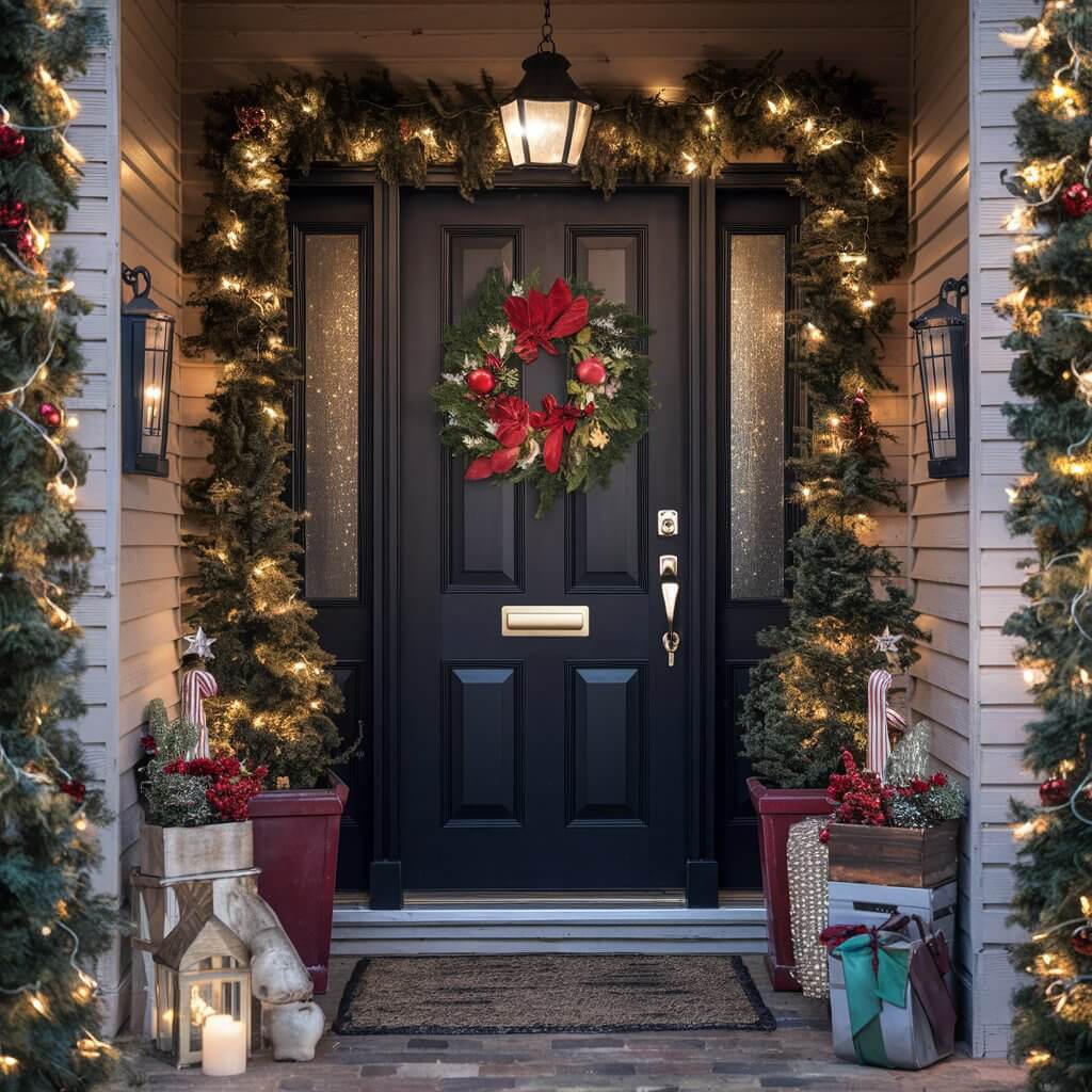 Christmas entryway decor ideas featuring twinkling lights, creating a warm and festive atmosphere with sparkling accents. Perfect for adding a touch of holiday magic to your front door or hallway, this seasonal decor brings joy and charm with soft glowing lights wrapped around greenery, wreaths, or a staircase railing. Ideal for those looking to embrace cozy, inviting Christmas home styling.