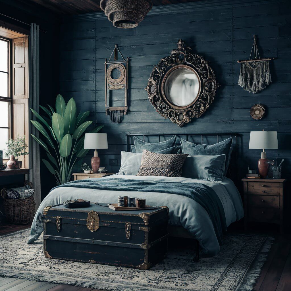 Dark boho bedroom ideas with vintage accents, featuring earthy tones, rich textures, and eclectic decor. The room is styled with a combination of dark wood furniture, plush textiles, and unique vintage pieces, creating a cozy, relaxed, and moody atmosphere. Perfect for those seeking a bohemian-inspired sanctuary with a vintage touch, blending modern and retro aesthetics for an inviting and stylish space.