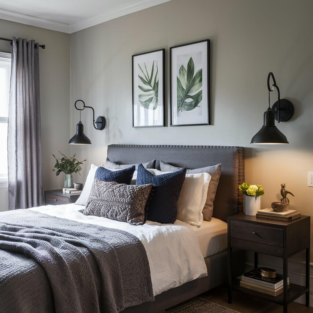 Space-saving wall sconces illuminating a cozy small bedroom, creating a warm and inviting atmosphere. Perfect small bedroom lighting idea that maximizes space without cluttering nightstands or surfaces, adding modern elegance to compact spaces. Ideal lighting solution for minimalist bedrooms looking to enhance ambiance and functionality with stylish, space-efficient wall-mounted lights.