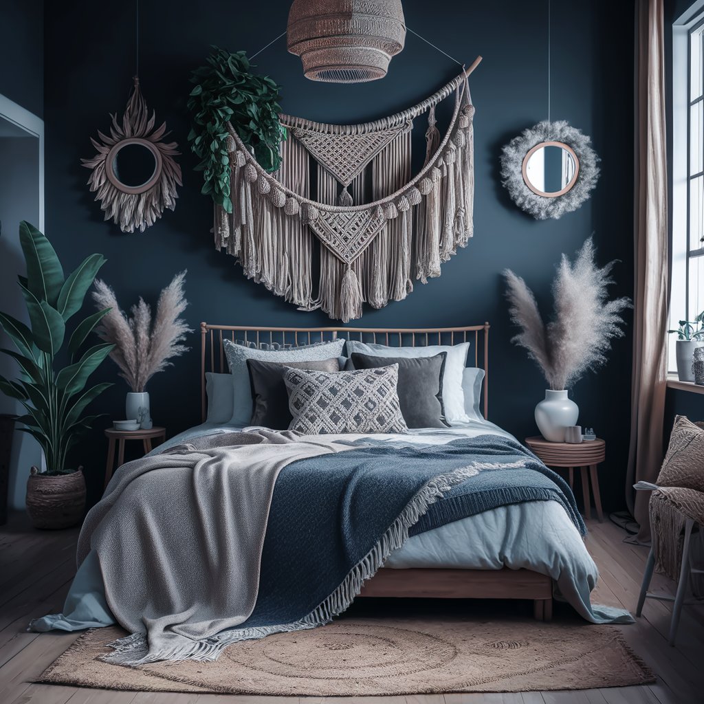 Dark boho bedroom featuring rich woven textiles and tapestries with earthy tones, creating a cozy and eclectic atmosphere. The room combines textured wall hangings and layered rugs for a unique, stylish aesthetic. Perfect for those looking to add a touch of bohemian charm to their bedroom decor with organic materials and intricate designs.