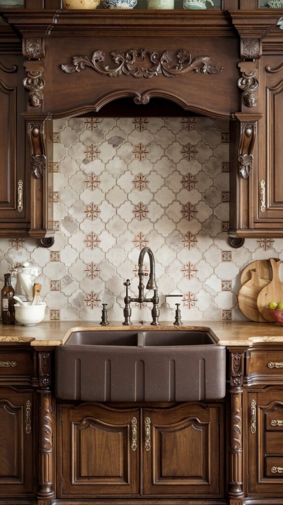 Elegant Victorian kitchen with a classic farmhouse sink featuring a large, deep basin, perfect for cleaning large pots and pans. The sink, crafted from durable fireclay, adds a touch of timeless charm and practicality, enhancing the kitchen's vintage aesthetic with its exposed front design.