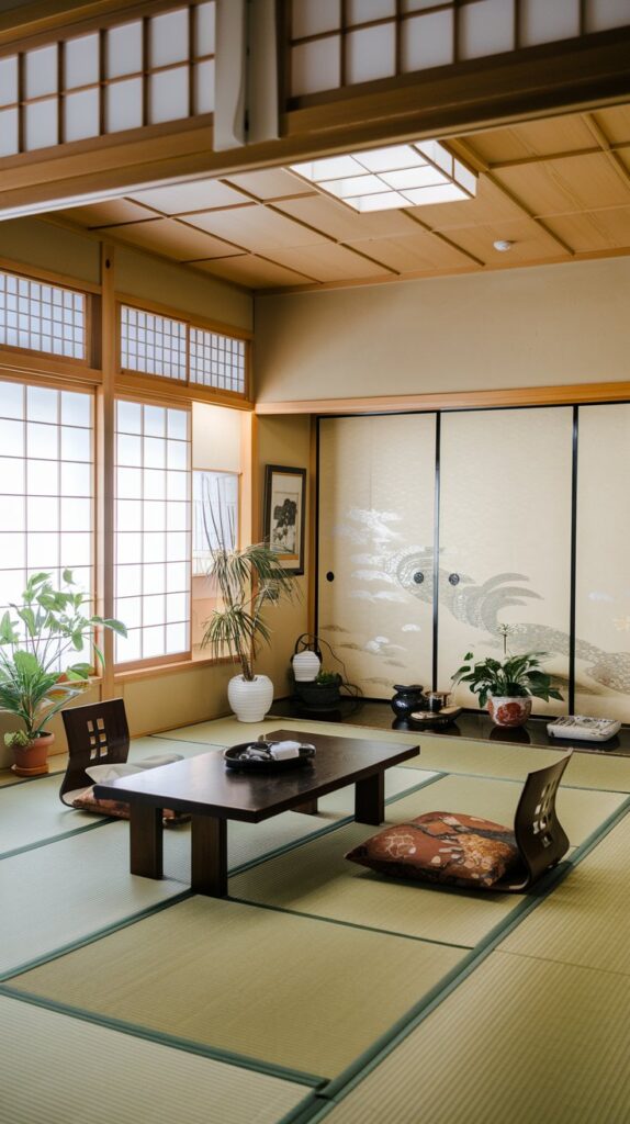 Japanese style living room bathed in natural light, featuring minimalist furniture arranged to maximize sunlight flow. Sheer blinds frame large windows, allowing sunlight to fill the space. Strategically placed mirrors reflect light, enhancing the bright and spacious ambiance. A serene and inviting atmosphere perfect for a modern Japanese-inspired aesthetic.