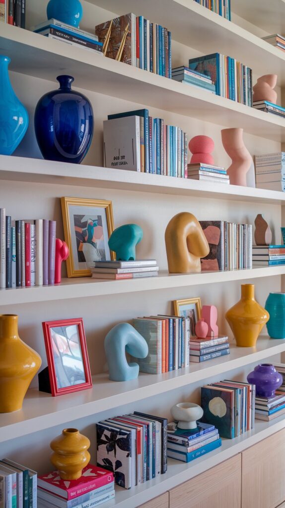 Living Room Bookshelf Décor Ideas: Accent Pieces - Enhance your bookshelf with colorful accent pieces like vibrant vases, unique sculptures, and eye-catching picture frames to add personality and visual interest to your living room. These decorative elements break up rows of books, reflect your personal style, and create a balanced, inviting look. Place small sculptures or distinctive vases alongside your books to create an artful display, while using vibrant picture frames to showcase personal photos or artwork for a dynamic, stylish finish.