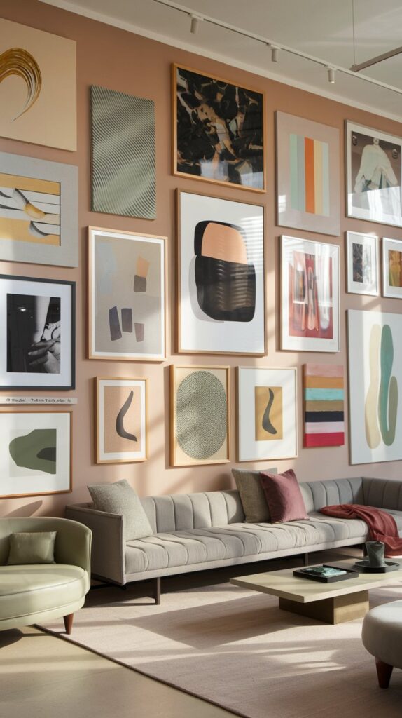Art Collection Wall in Living Room - Creative Gallery Wall Ideas for Home Décor. A beautifully curated living room art collection wall showcasing a blend of paintings, photographs, and prints. This dynamic and textured wall design brings personality and harmony to the space, with a carefully selected color scheme that ties together various art styles and sizes. Ideal for adding depth and interest to your living room, this gallery wall concept combines visual appeal and unique artistic expression for a modern and stylish home décor look.
