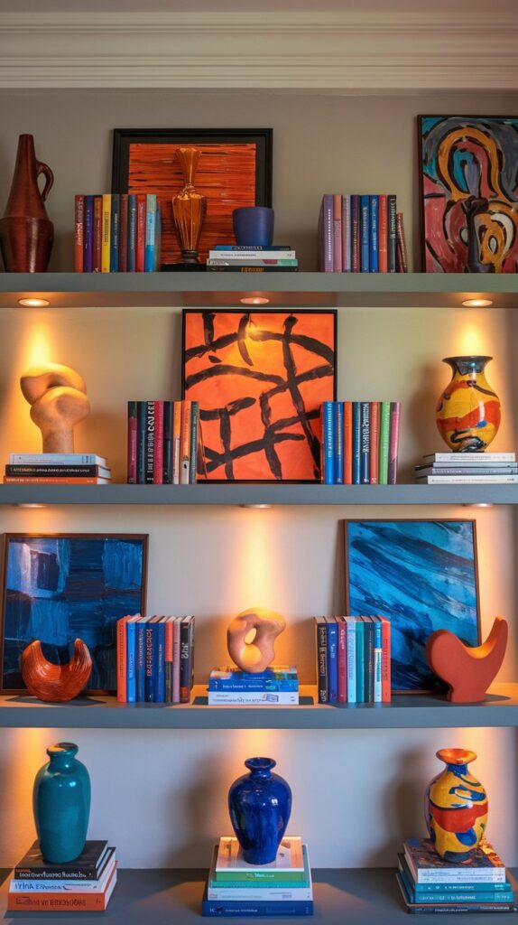Artistic Flair for a Cultured, Sophisticated Space. Add colorful art pieces like paintings, sculptures, and ceramics to your bookshelf to create a visually dynamic focal point. Mixing various art styles and mediums adds depth to your décor while reflecting your personal taste. Artwork on bookshelves not only enhances beauty but also showcases your personality, making your living room feel unique and inviting. Perfect for those seeking to infuse creativity and charm into their home décor with colorful, eye-catching designs.