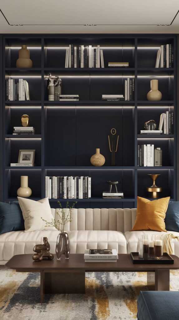 Living Room Bookshelf Décor Ideas: Bold Backdrops - Transform your bookshelf into a striking focal point with a bold, contrasting color on the back panel. This simple yet effective design update highlights your books and decorations while adding depth and interest to your living room. Whether opting for a bright hue or a deep shade, a painted bookshelf backdrop enhances your personal style without overpowering the space. Matching the backdrop color with other accents in the room creates a cohesive, stylish design, making your bookshelf stand out and elevate your living room décor."