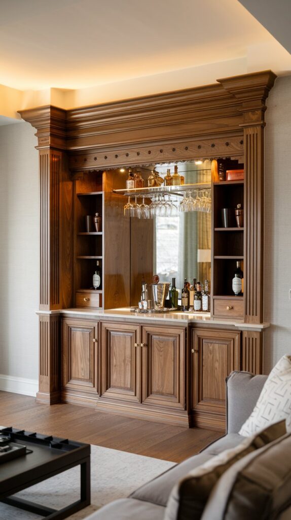Classic Wood Living Room Bar Cabinet Built-In Ideas: A timeless and elegant wooden bar cabinet, featuring rich wood tones and traditional craftsmanship, seamlessly integrates into various living room decor styles. Choose solid wood options like oak or walnut for durability and long-lasting appeal. This classic bar cabinet not only offers functional storage for your favorite drinks and accessories but also serves as a stunning focal point, adding warmth and sophistication to your space.