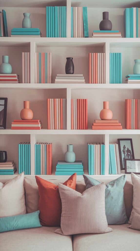Color Blocking - Organize your living room bookshelf with color blocking for a visually striking and organized look. Group books with similar colors together to create an eye-catching display that’s both functional and stylish. Enhance the design with decorative items like vases and picture frames in matching hues, creating a cohesive aesthetic. This color blocking technique not only boosts the visual appeal of your bookshelf but also helps maintain order, making it easier to find books and adding a standout feature to your living room décor."