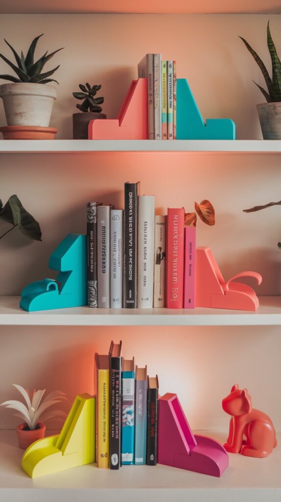 Colorful Bookends for Living Room Bookshelf Décor - Bright, vibrant bookends add personality and flair to your bookshelf while keeping books neatly organized. This easy and affordable update to your living room bookshelf décor introduces a playful touch, with the opportunity to mix and match different colors and styles for a unique, lively look. Enhance your space with these fun, functional décor pieces that refresh your shelves and transform your living room.