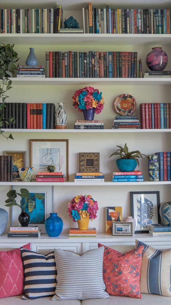 Hidden Gems in Living Room Bookshelf Décor Ideas – Add playfulness and surprise to your bookshelf by hiding tiny, colorful trinkets like miniature figurines, bright stones, and other small treasures behind books and décor. This creative touch invites exploration and creates a delightful, engaging atmosphere for your living room. Keep things fresh by switching up the hidden gems regularly, ensuring your bookshelf décor always has something new and exciting for guests to discover.