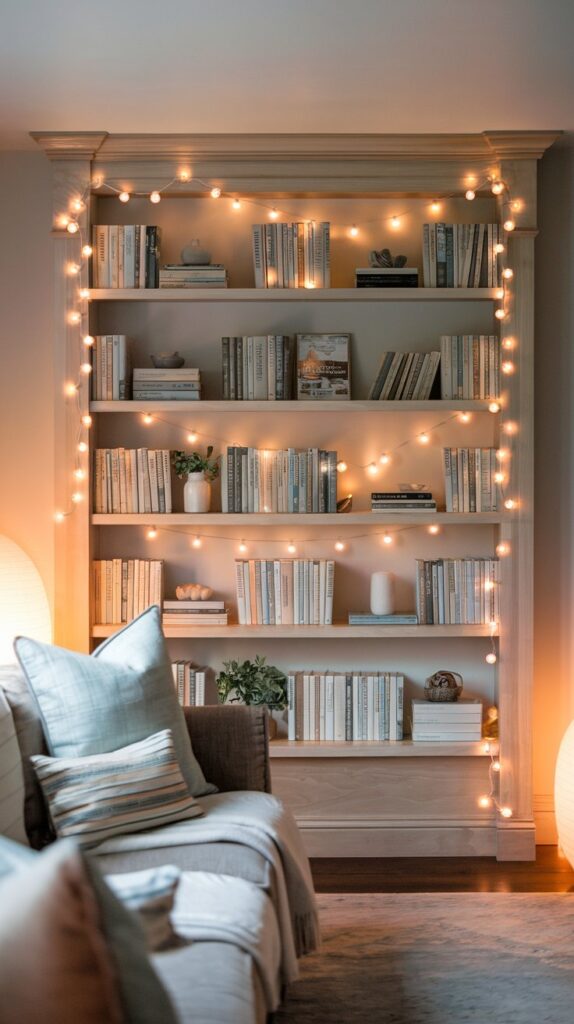 Living room bookshelf décor ideas featuring string lights and LED lights. The soft glow from the lights creates a cozy and inviting atmosphere, perfect for relaxing and unwinding. Whether you choose classic white or vibrant colors, the lights add a personal touch to your bookshelf, enhancing its visual appeal and matching your living room's theme. The added illumination not only highlights your bookshelf décor but also ensures easy visibility of book titles, making this décor idea both stylish and practical.