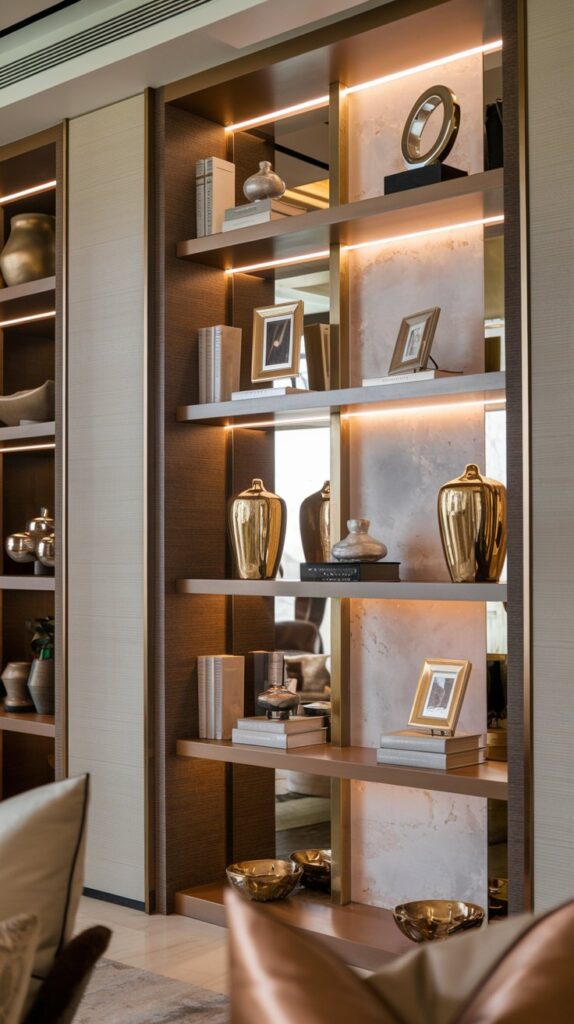Elegant living room bookshelf décor with metallic accents including gold bookends, silver picture frames, and stylish vases. Metallic elements such as shiny gold and silver accents add a luxurious touch to the space, elevating the bookshelf design. The combination of metallics with wooden shelves and glass accessories creates a sophisticated, balanced look, enhancing the elegance of the living room decor. Ideal for those seeking modern and chic living room bookshelf styling ideas with metallic accents for a luxurious feel.