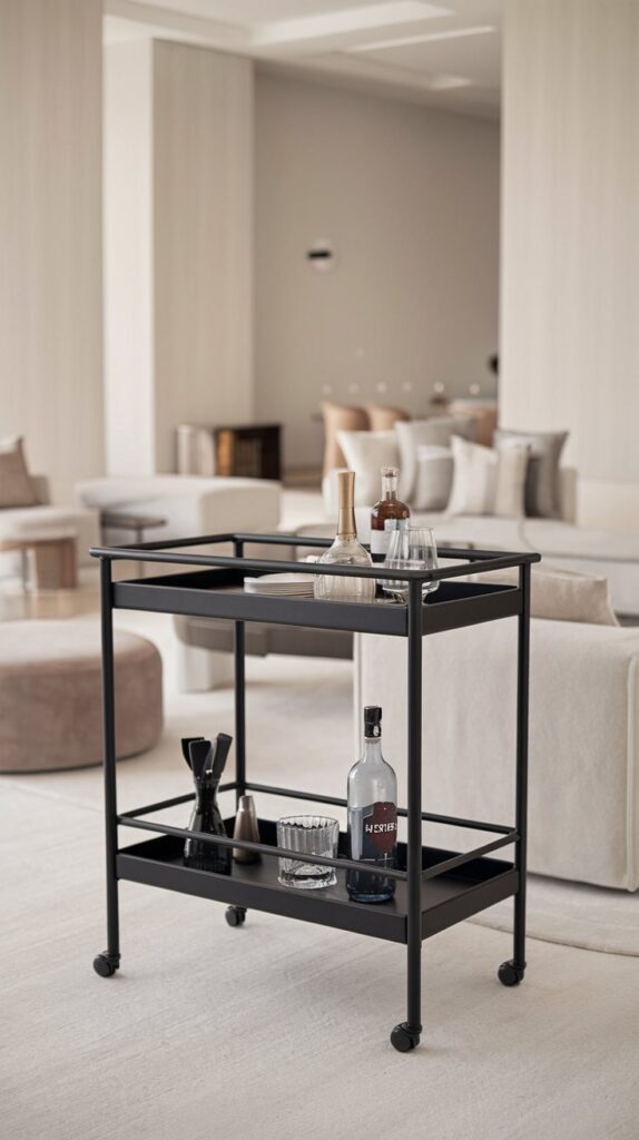 Minimalist Black Bar Cart for Modern Living Room - A sleek and versatile black bar cart enhances the aesthetic of your living room with its clean lines and minimalist design. Perfect for modern decor, this stylish piece complements various color schemes while adding functionality. Ideal for entertaining, it offers ample space for drinks and accessories, and its mobility ensures your guests always have easy access to their favorite beverages. A practical and elegant addition to any space, this black bar cart helps keep your living room organized and clutter-free.