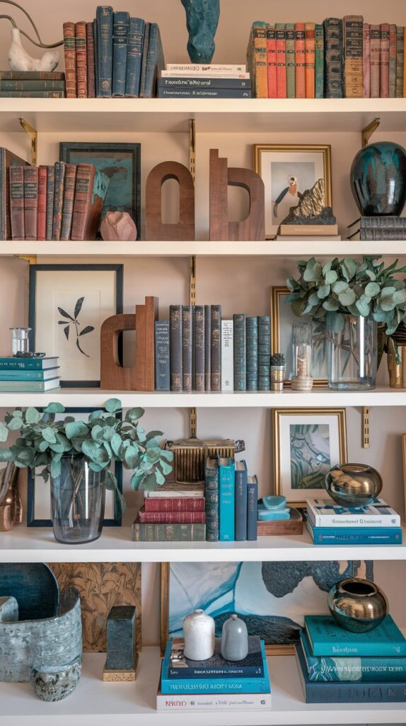 Living Room Bookshelf Décor Ideas – Mix and Match. Create a lively and personalized bookshelf with a mix of colors, styles, and textures. Vintage books paired with modern art pieces, wooden bookends, metal sculptures, and glass vases bring charm and eclectic flair to your living room. Vary the arrangement of items with vertical and horizontal books for visual interest, turning your bookshelf into a unique focal point that reflects your personal style.
