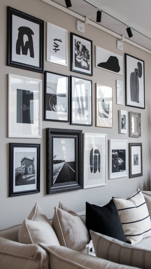 Monochrome Gallery Wall in Living Room - Timeless black and white photos and artwork bring a classic and cohesive feel to your living room. The variety of frame styles and sizes creates visual depth and interest, while different textures and materials for frames and backgrounds enhance the overall aesthetic. This monochrome gallery wall serves as a striking focal point, adding dynamic elegance to your space without overwhelming the room's decor.