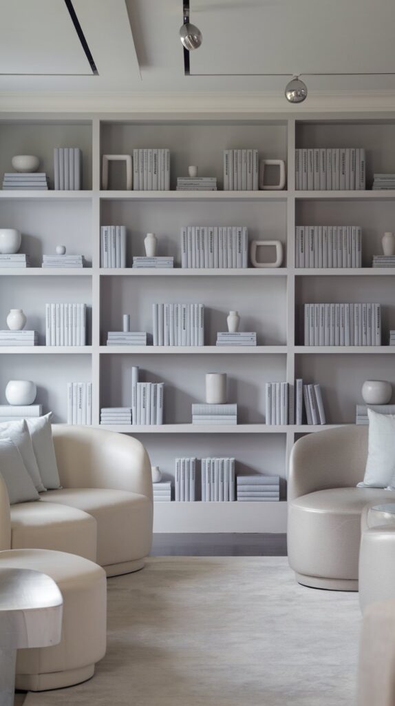 Monochrome Magic Living Room Bookshelf Décor Ideas – Create a clean, stylish, and serene atmosphere in your living room by choosing a single color theme for your bookshelf items. This monochromatic approach not only elevates the space but also makes it feel more organized and visually pleasing. By eliminating overwhelming color variations, the monochrome design helps reduce clutter, making your space feel calm and serene. The cohesive color scheme highlights your curated collection, turning your bookshelf into an eye-catching focal point, blending both practicality and artistic elegance in your home décor.