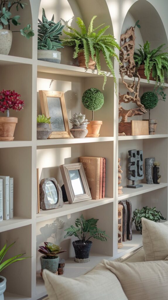 Living room bookshelf décor ideas featuring natural elements such as plants and wooden items to create an inviting, calm atmosphere. Succulents, ferns, and small potted trees add life and color, enhancing air quality and bringing variety to the shelf. Wooden pieces like picture frames, small sculptures, and bookends provide warmth and rustic charm, complementing both modern and traditional living room styles. This natural combination balances the bookshelf's look, creating a cozy and healthy living space with timeless appeal.
