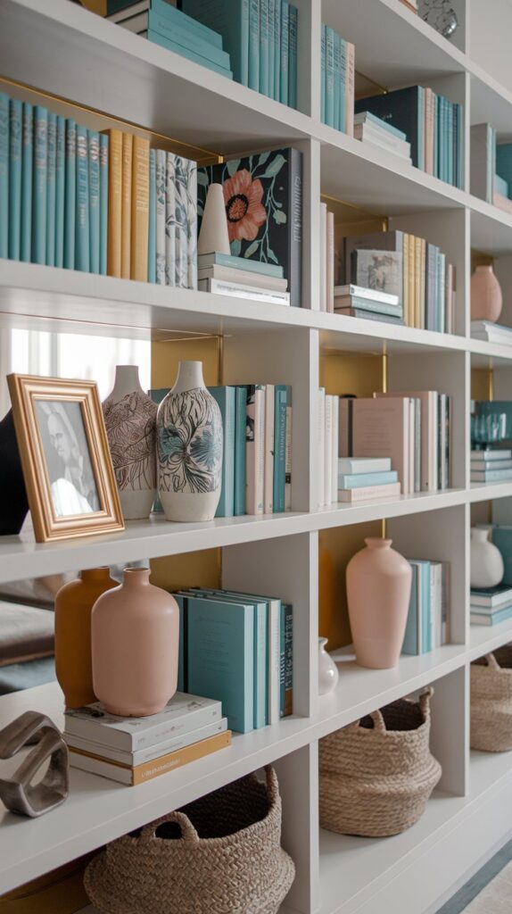Pattern Play – Discover how mixing and matching bold patterns, such as floral prints and geometric shapes, can bring a dynamic, playful vibe to your living room bookshelf décor. Embrace vibrant colors like teal and mustard to create an eclectic feel, and add textures with woven baskets, metal accents, and ceramic vases for a visually engaging display. Perfect for transforming your space into a lively, unique environment with modern living room styling.