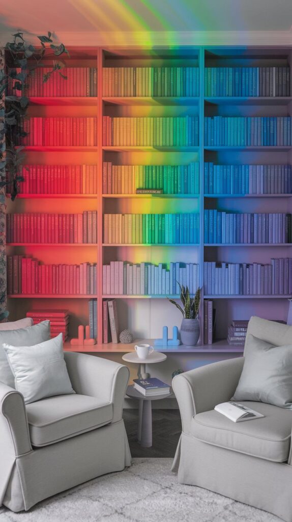 Rainbow Delight Living Room Bookshelf Décor featuring books arranged by color, creating a vibrant and inviting focal point. This colorful bookshelf design adds a playful yet stylish touch to the living room, enhancing the space with a lively and organized aesthetic.